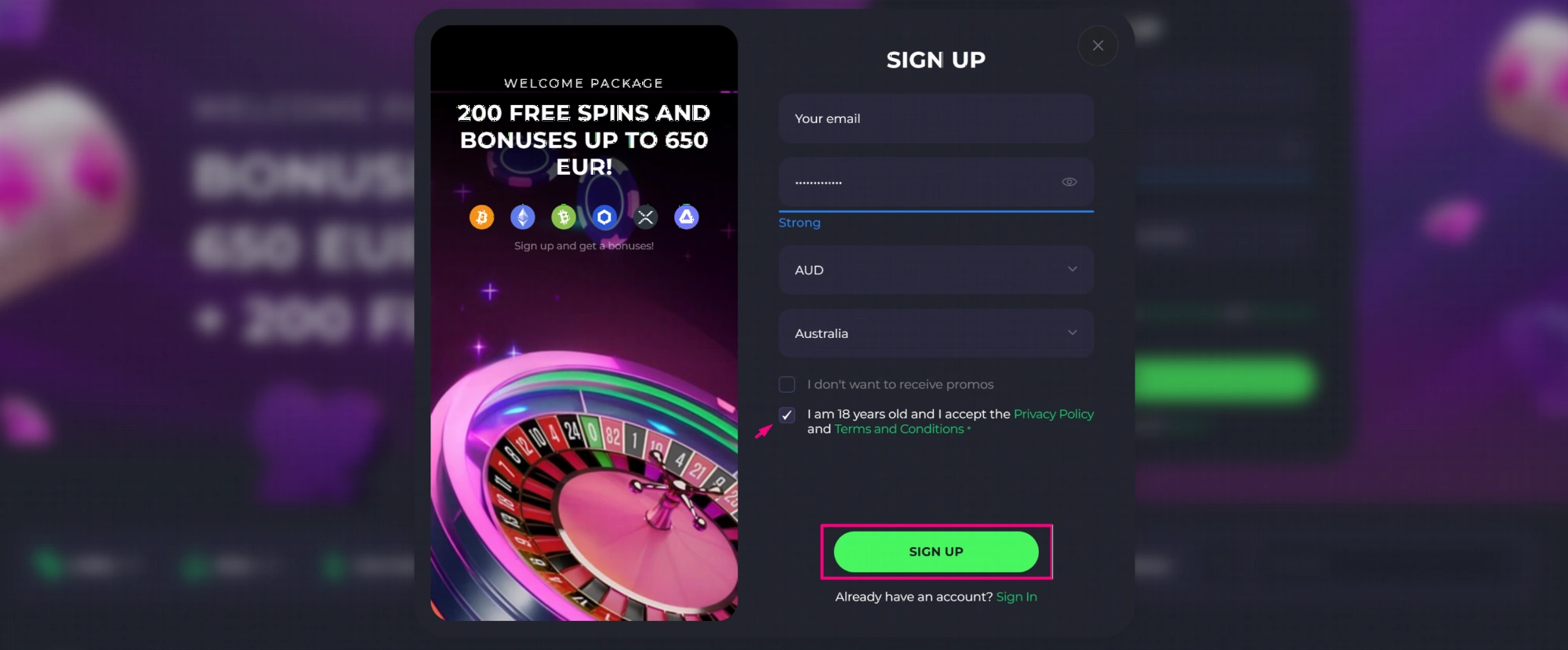 Spinago Casino registration process for Australian players